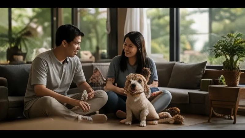 คู่รักชาวไทยนั่งอยู่ข้างโซฟาในห้องนั่งเล่นโทนอบอุ่น กำลังเล่นกับสุนัขตัวเล็กสีทอง
